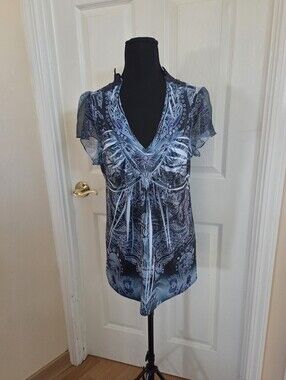 Blue y2k whimsical paisley print top with sheer sleeves and embroidered back Lg.